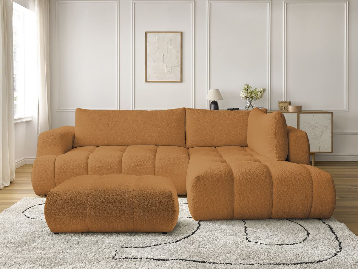 Canapé d'angle L convertible FUJI bouclette avec pouf jaune — vue 5