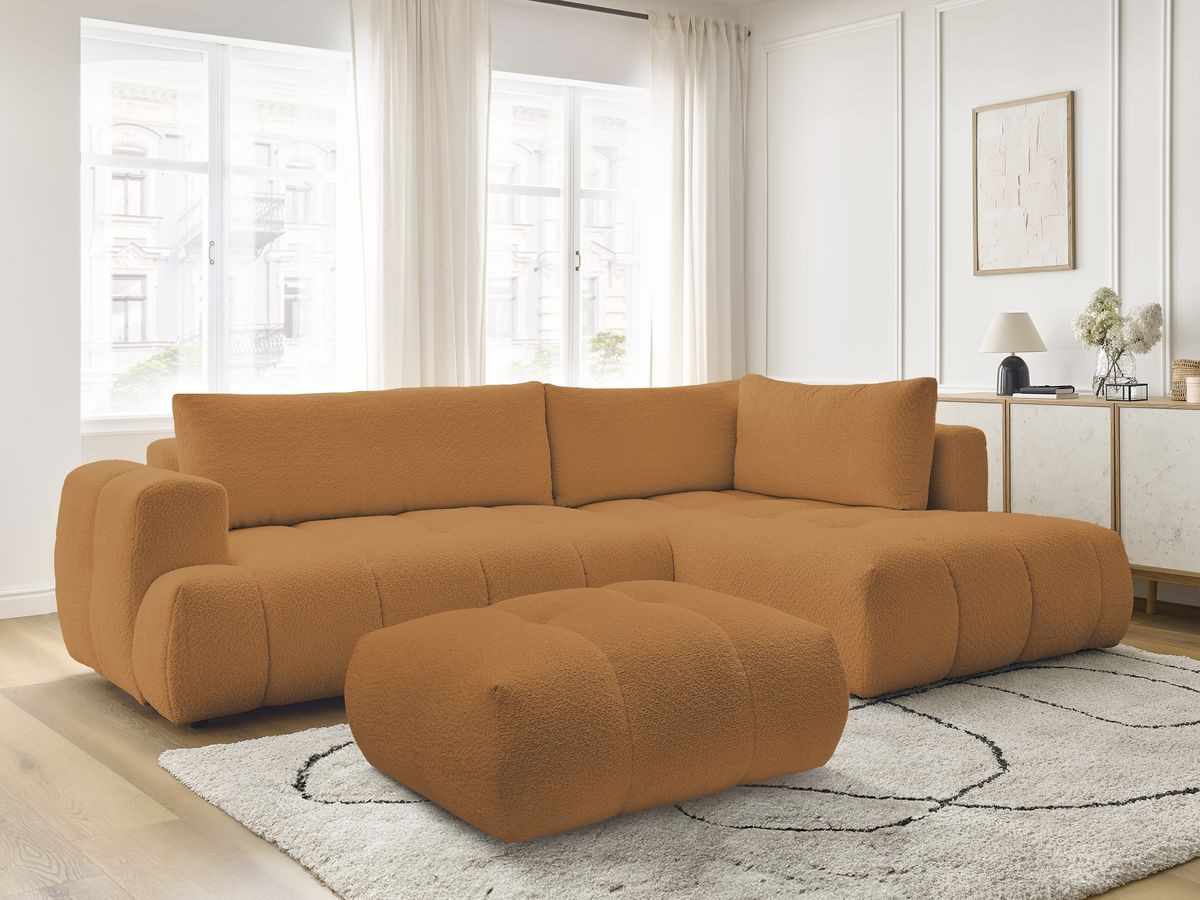 Canapé d'angle L convertible FUJI tissu bouclette avec pouf