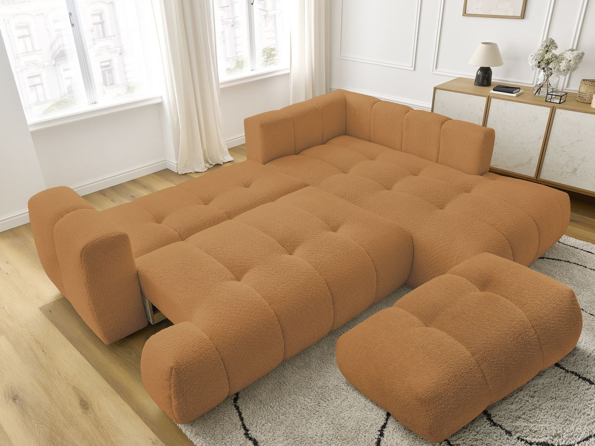 Canapé d'angle L convertible FUJI tissu bouclette avec pouf