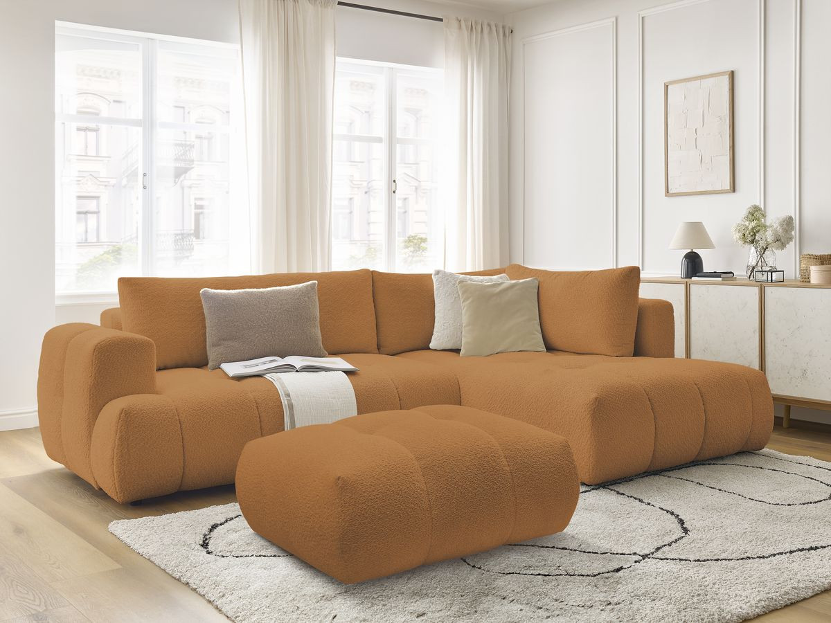 Canapé d'angle L convertible FUJI tissu bouclette avec pouf