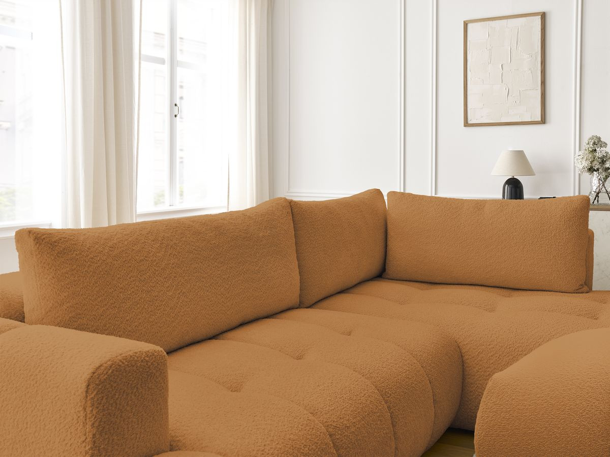 Canapé d'angle L convertible FUJI tissu bouclette avec pouf