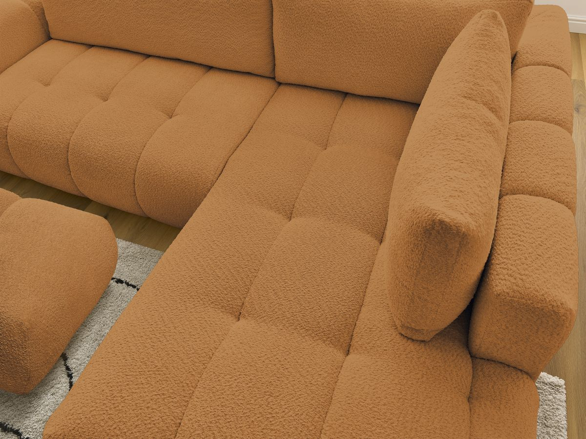 Canapé d'angle L convertible FUJI tissu bouclette avec pouf
