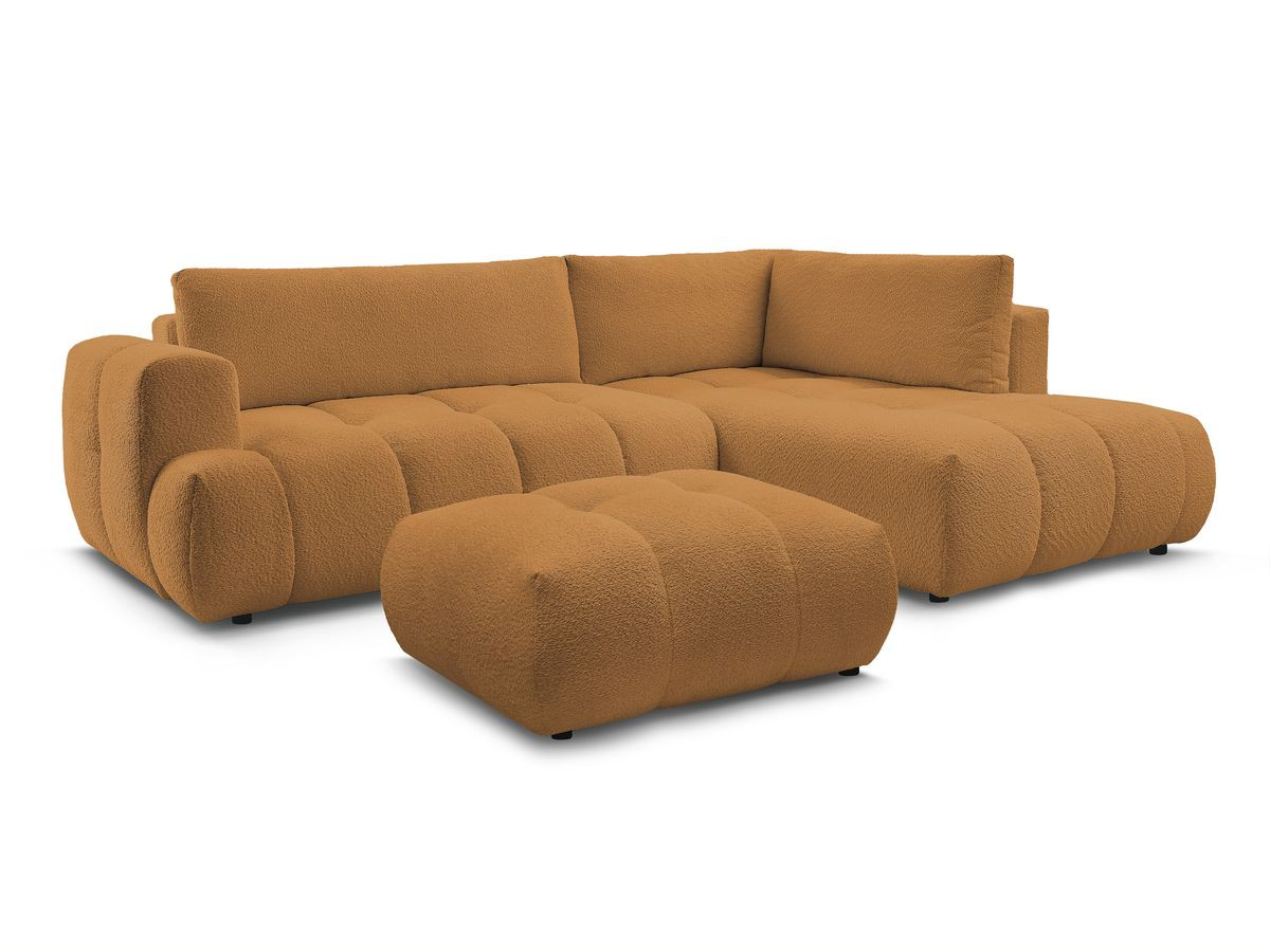 Canapé d'angle L convertible FUJI tissu bouclette avec pouf