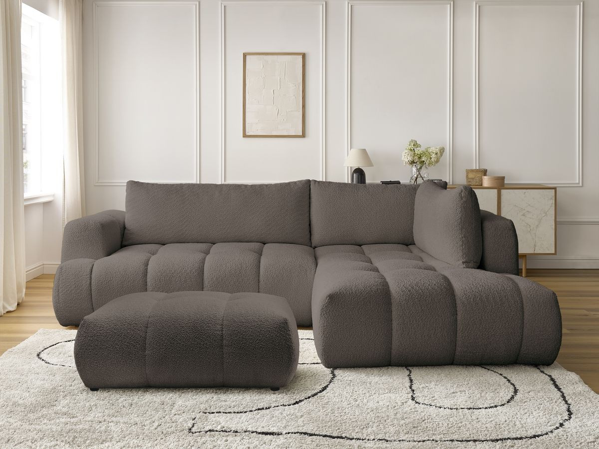Canapé d'angle L convertible FUJI tissu bouclette avec pouf