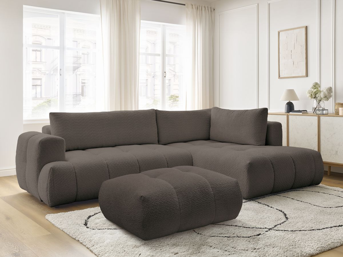 Canapé d'angle L convertible FUJI bouclette avec pouf marron — vue 5