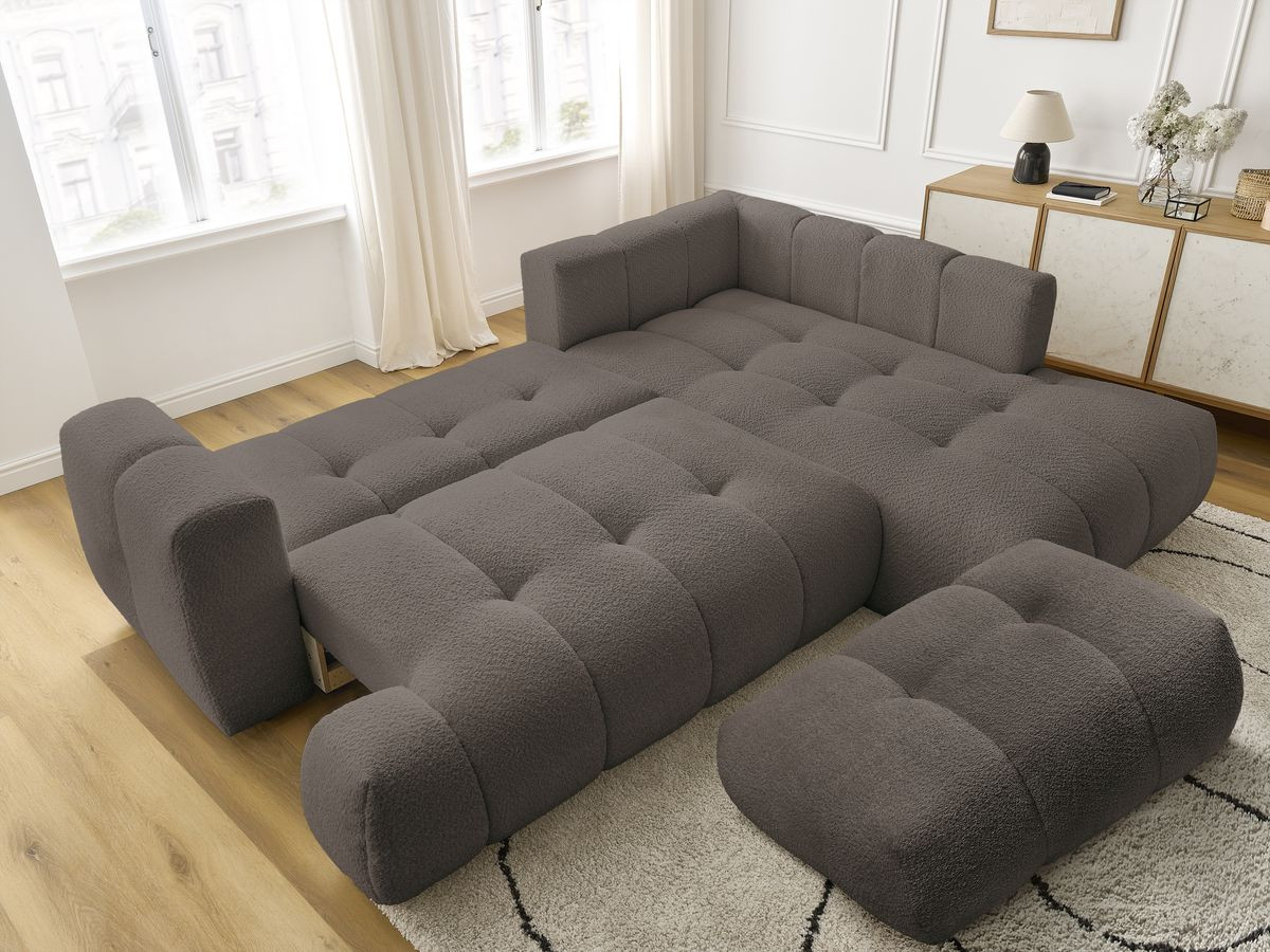 Canapé d'angle L convertible FUJI tissu bouclette avec pouf