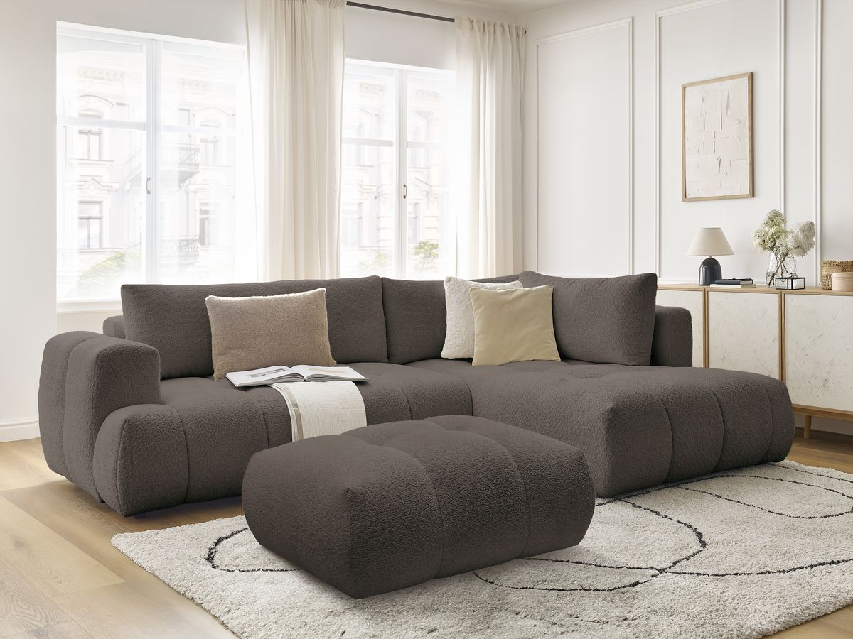 Canapé d'angle L convertible FUJI tissu bouclette avec pouf
