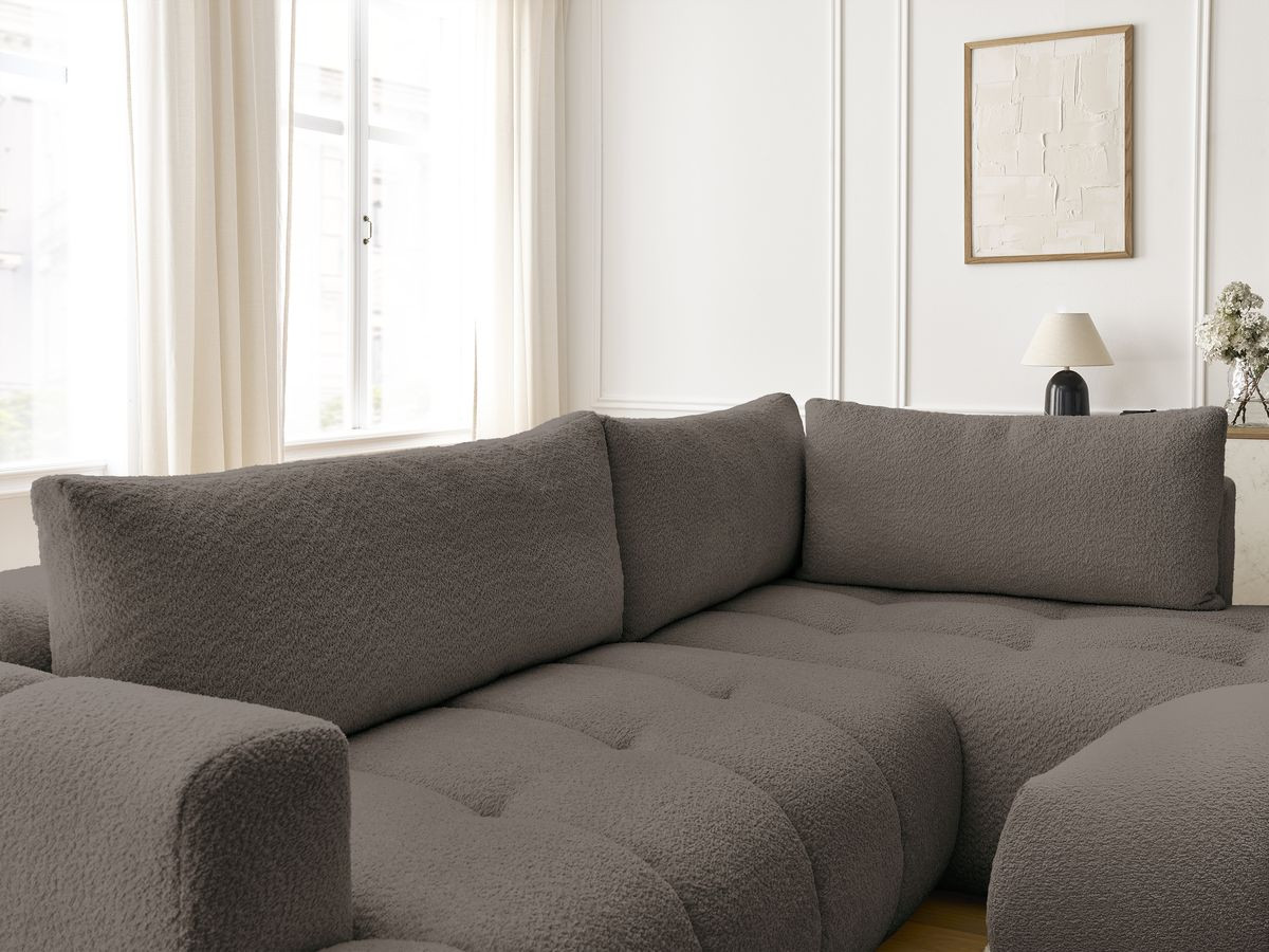 Canapé d'angle L convertible FUJI tissu bouclette avec pouf