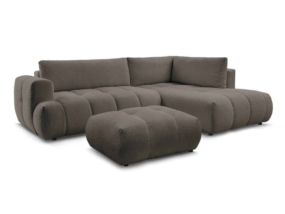 Canapé d'angle L convertible FUJI tissu bouclette avec pouf