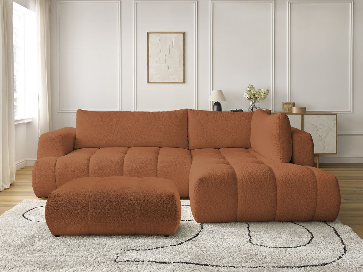 Canapé d'angle L convertible FUJI tissu bouclette avec pouf