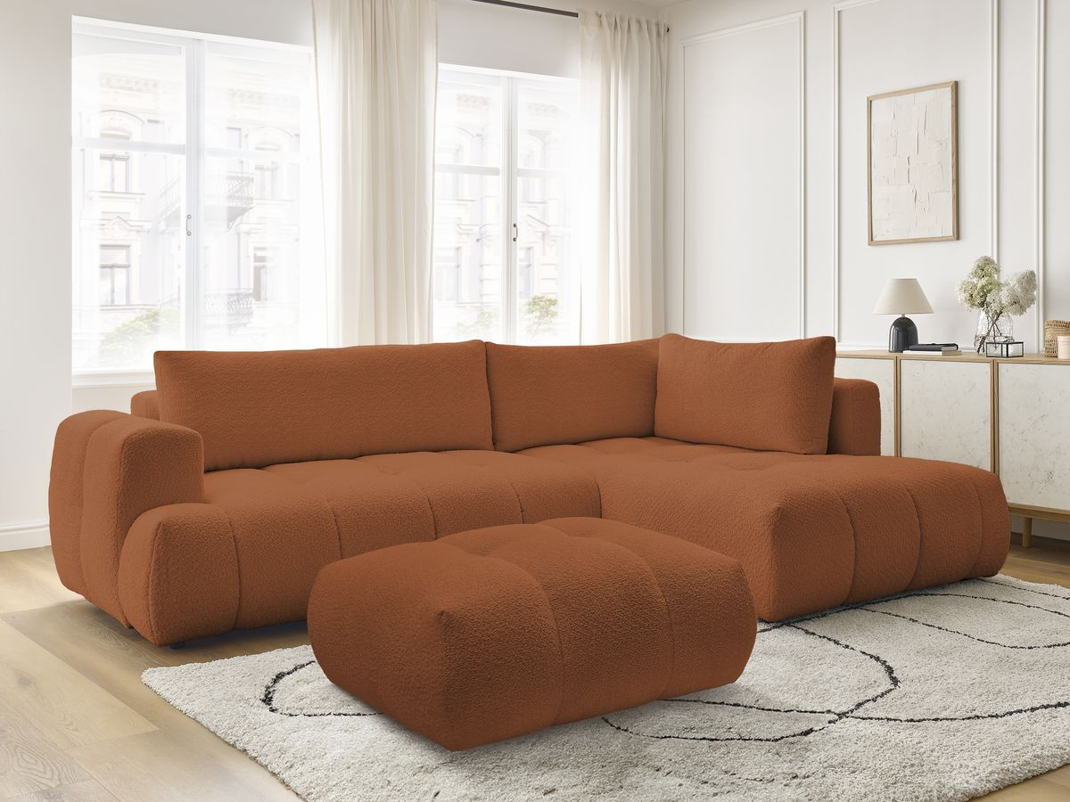 Canapé d'angle L convertible FUJI bouclette avec pouf orange — vue 5