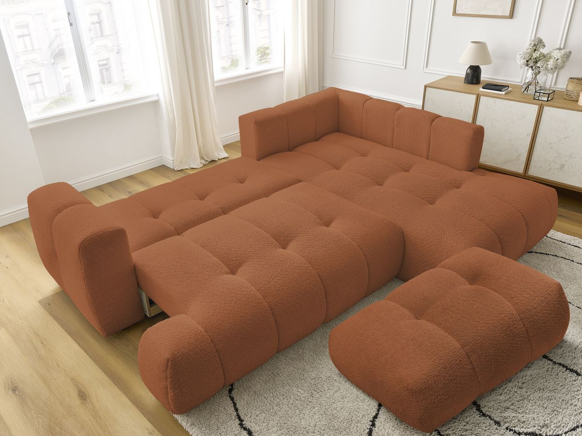 Canapé d'angle L convertible FUJI tissu bouclette avec pouf