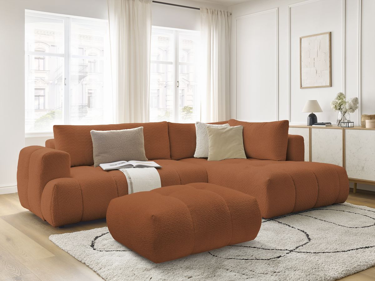 Canapé d'angle L convertible FUJI tissu bouclette avec pouf