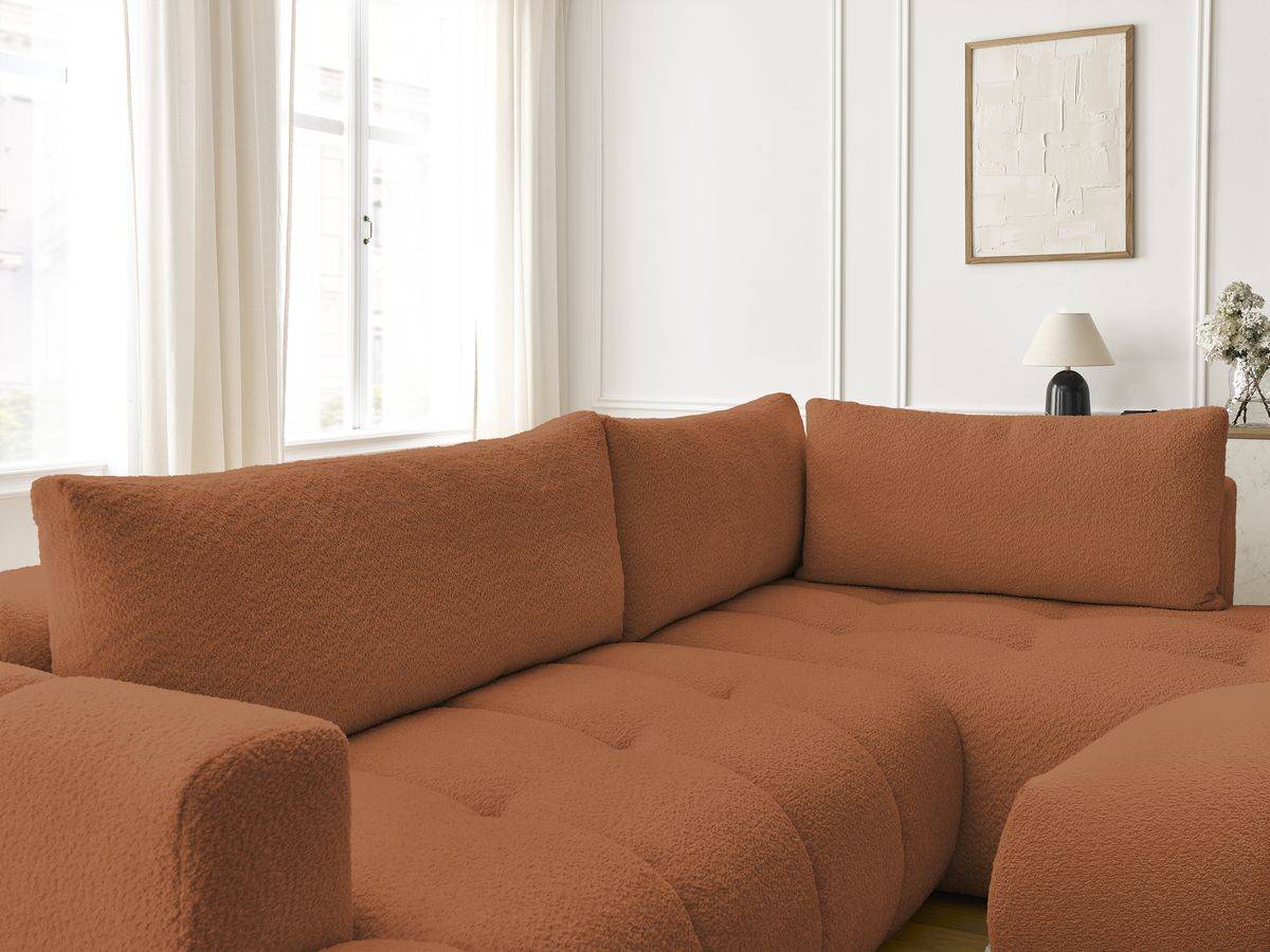 Canapé d'angle L convertible FUJI tissu bouclette avec pouf