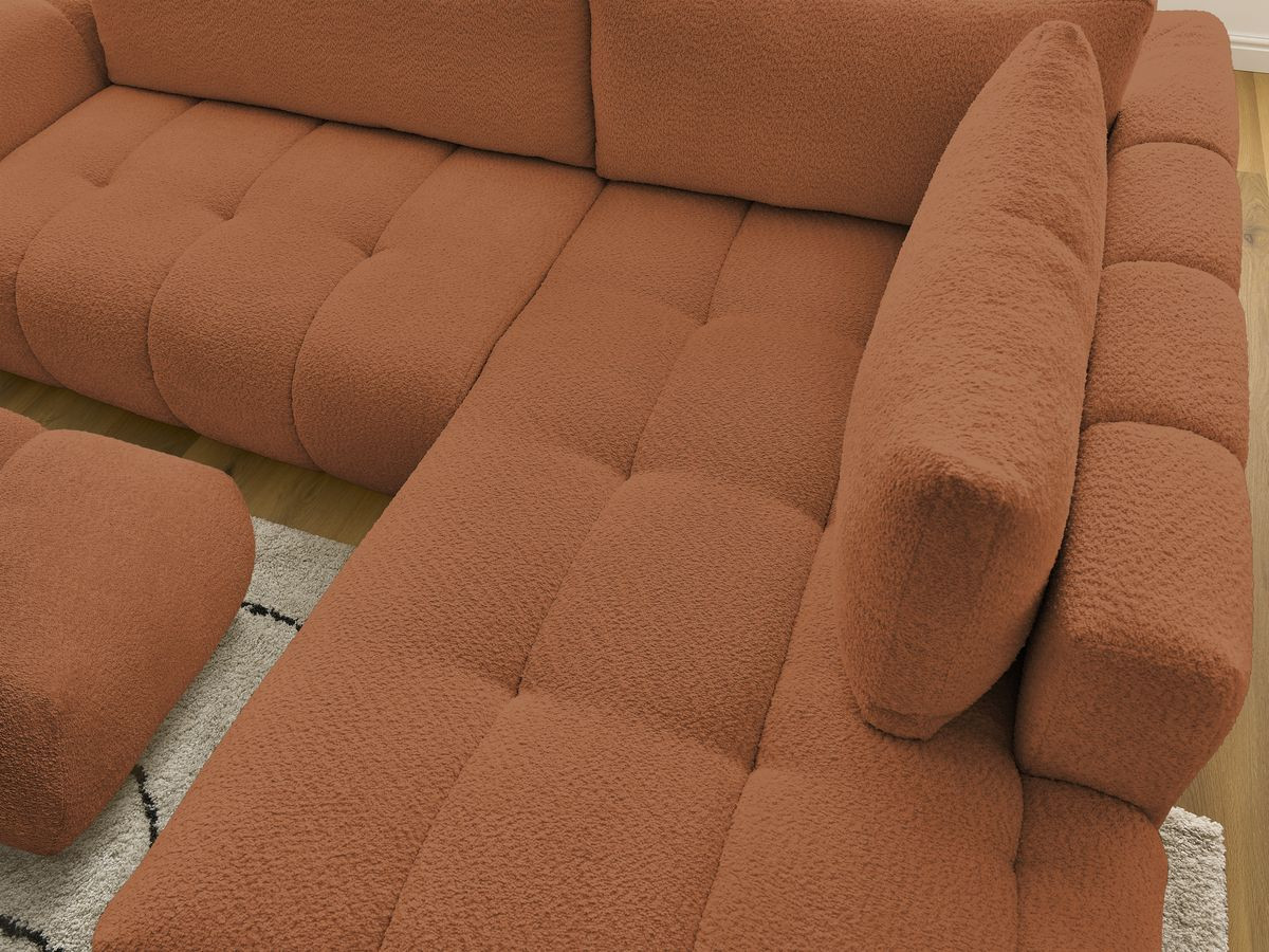 Canapé d'angle L convertible FUJI tissu bouclette avec pouf