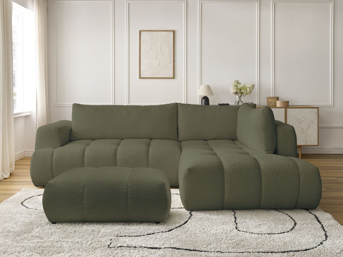 Canapé d'angle L convertible FUJI tissu bouclette avec pouf
