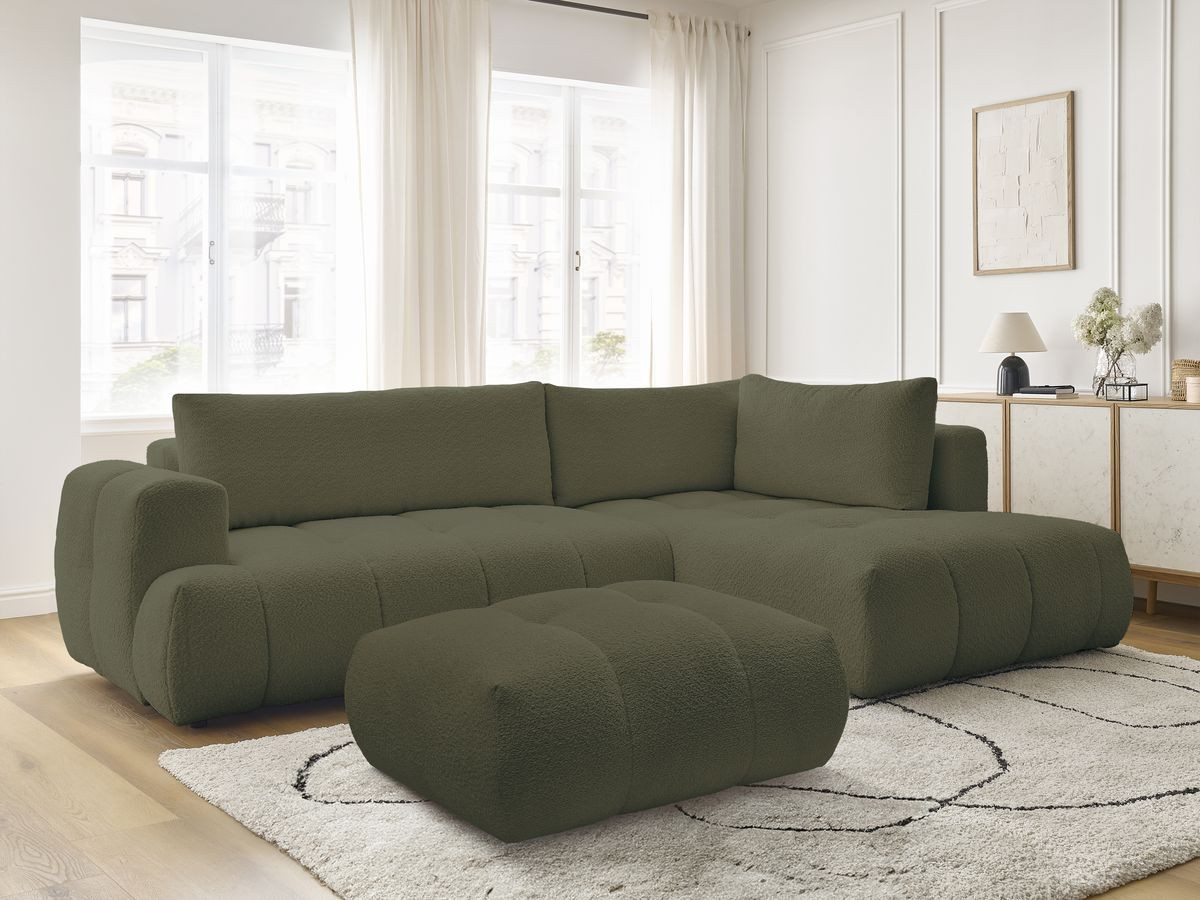 Canapé d'angle L convertible FUJI bouclette avec pouf vert — vue 5