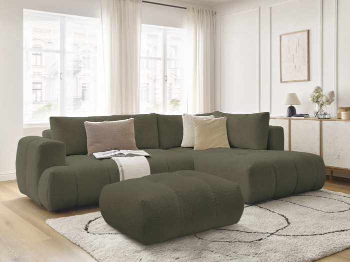 Canapé d'angle L convertible FUJI tissu bouclette avec pouf