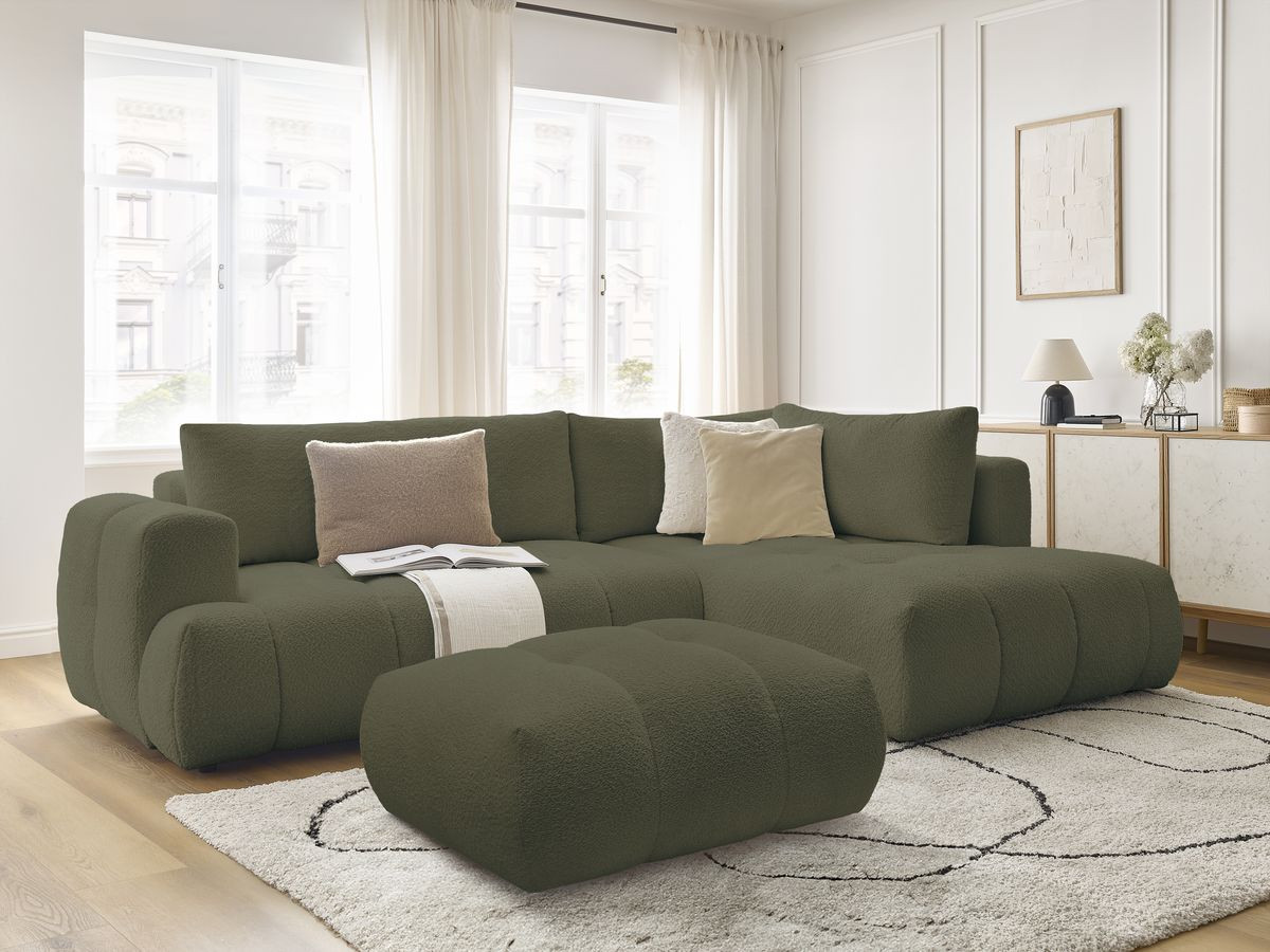 Canapé d'angle L convertible FUJI tissu bouclette avec pouf