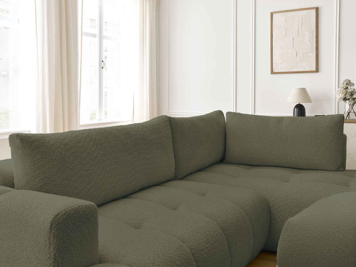 Canapé d'angle L convertible FUJI tissu bouclette avec pouf