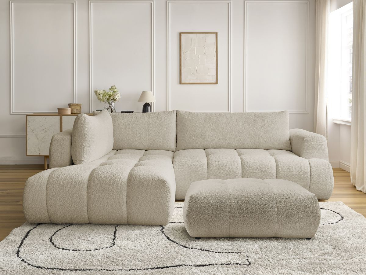 Canapé d'angle L convertible FUJI tissu bouclette avec pouf