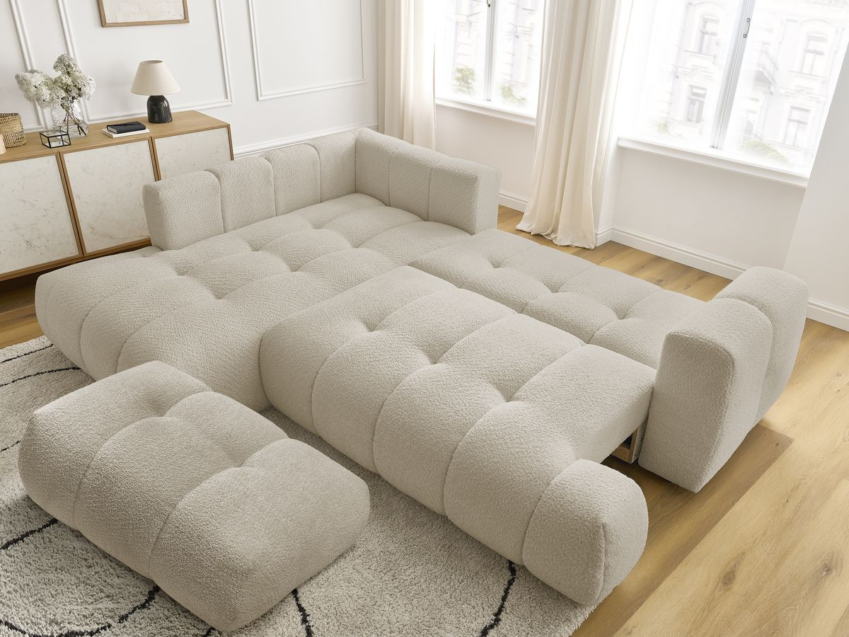 Canapé d'angle L convertible FUJI tissu bouclette avec pouf
