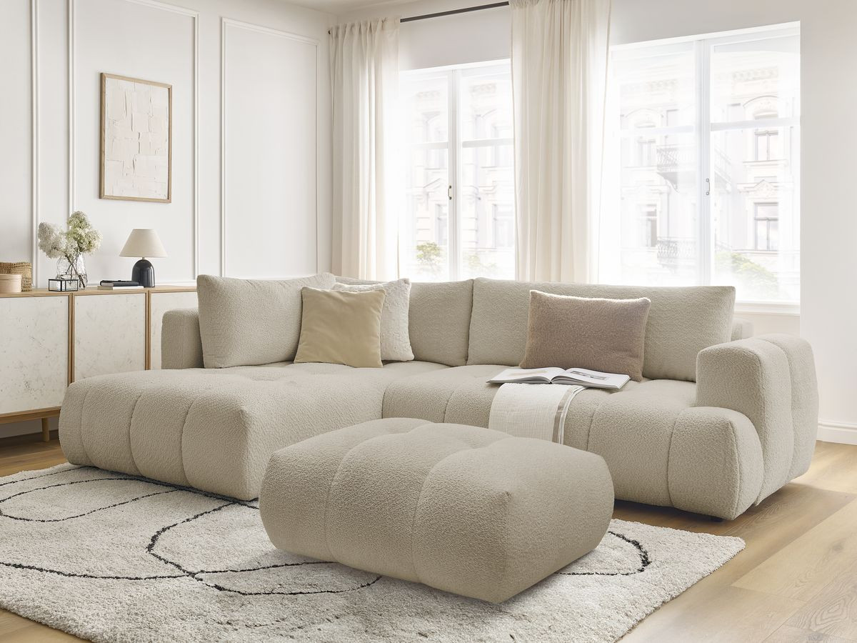 Canapé d'angle L convertible FUJI tissu bouclette avec pouf