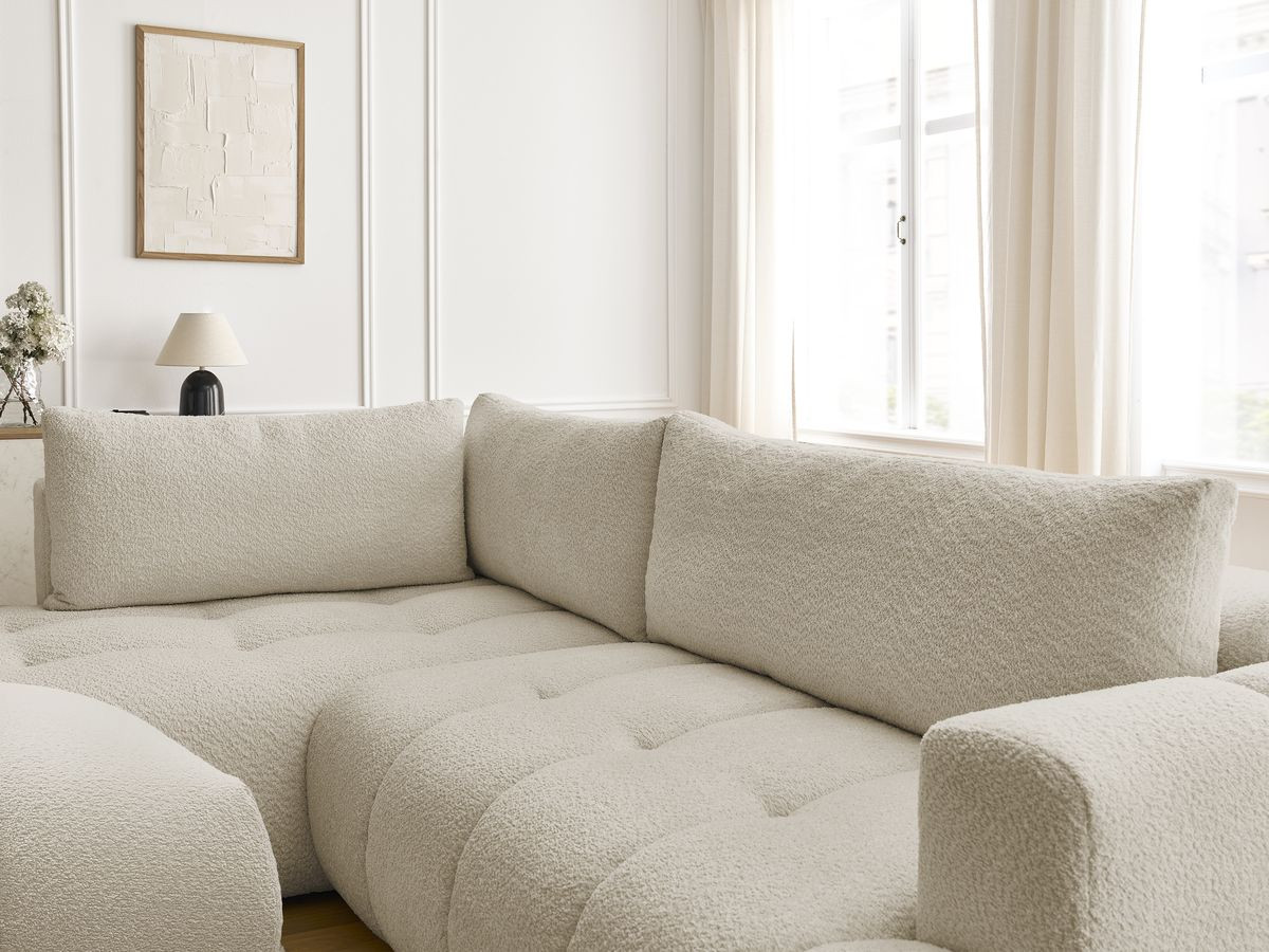 Canapé d'angle L convertible FUJI tissu bouclette avec pouf