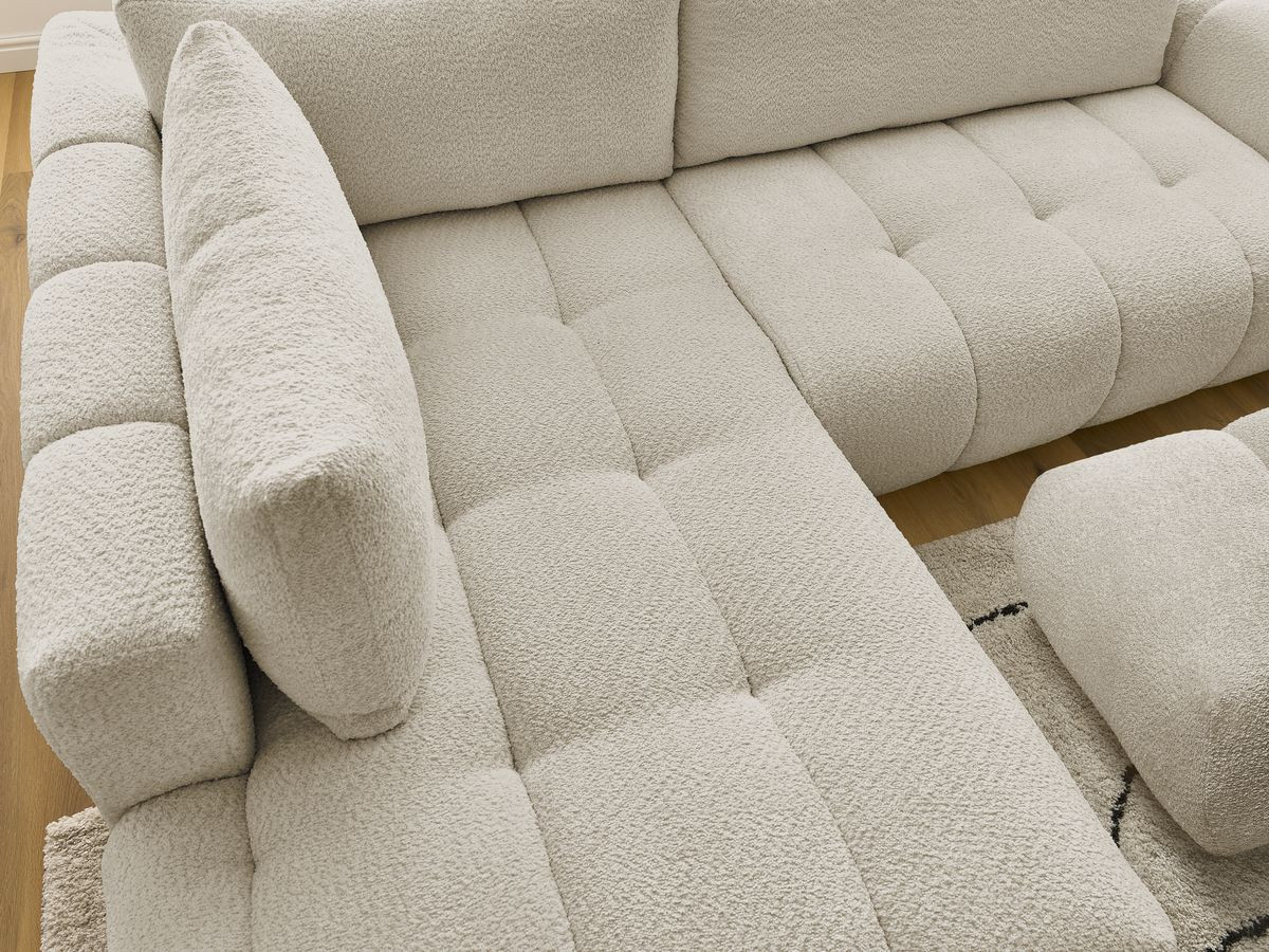 Canapé d'angle L convertible FUJI tissu bouclette avec pouf