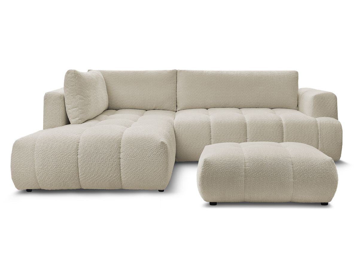 Canapé d'angle L convertible FUJI tissu bouclette avec pouf