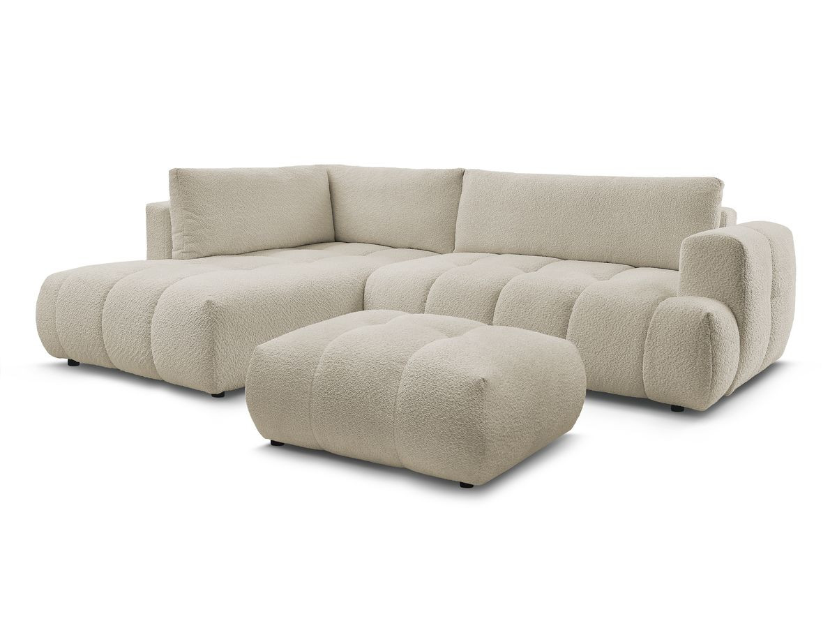 canapé d'angle l convertible fuji tissu bouclette avec pouf de couleur beige