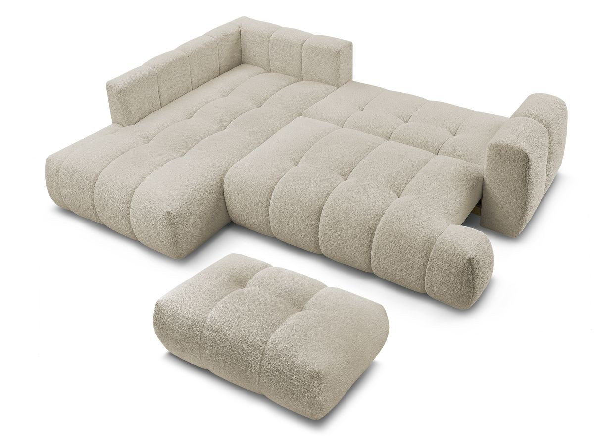 Canapé d'angle L convertible FUJI tissu bouclette avec pouf