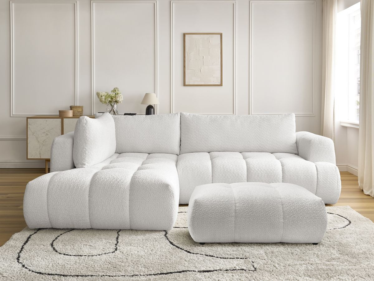 Canapé d'angle L convertible FUJI tissu bouclette avec pouf