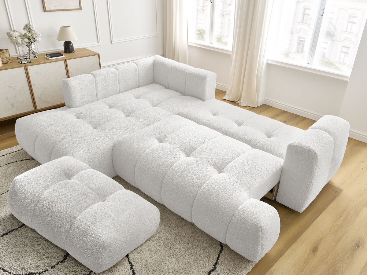 Canapé d'angle L convertible FUJI tissu bouclette avec pouf