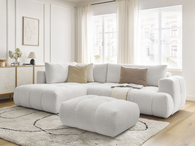 Canapé d'angle L convertible FUJI tissu bouclette avec pouf