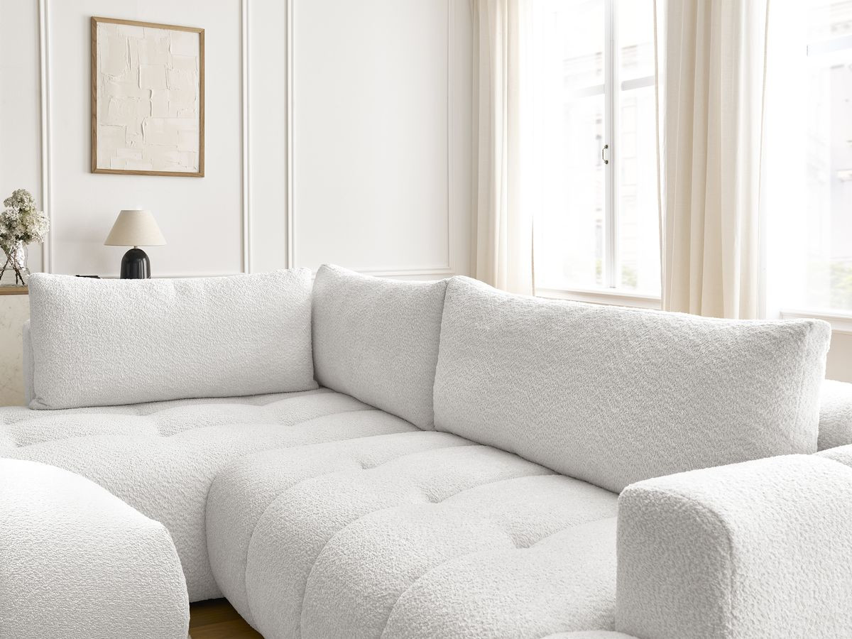 Canapé d'angle L convertible FUJI tissu bouclette avec pouf