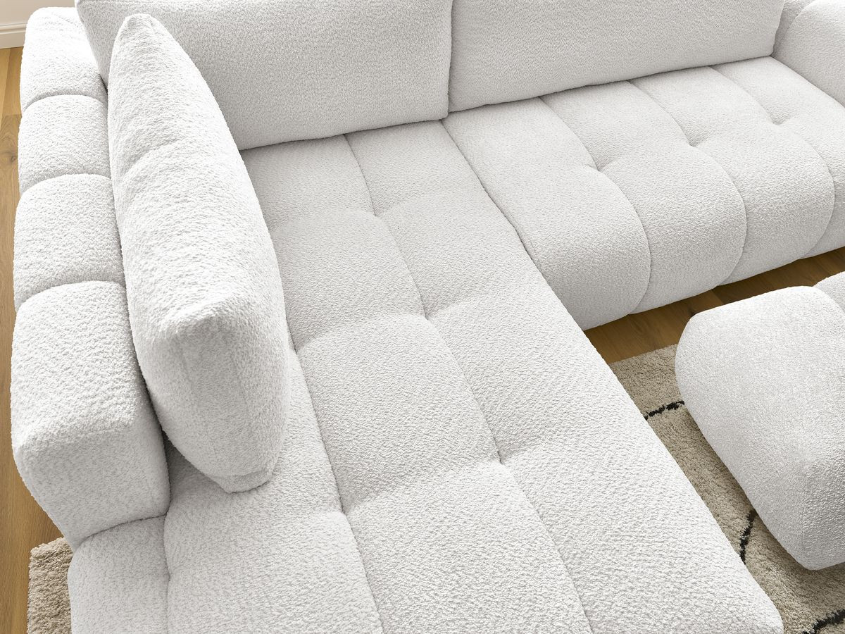 Canapé d'angle L convertible FUJI tissu bouclette avec pouf