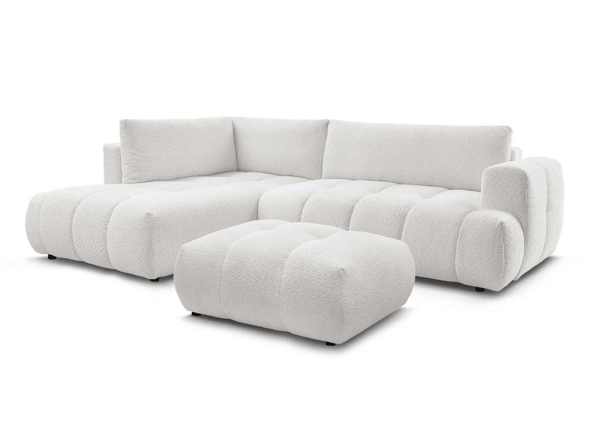 Canapé d'angle L convertible FUJI tissu bouclette avec pouf