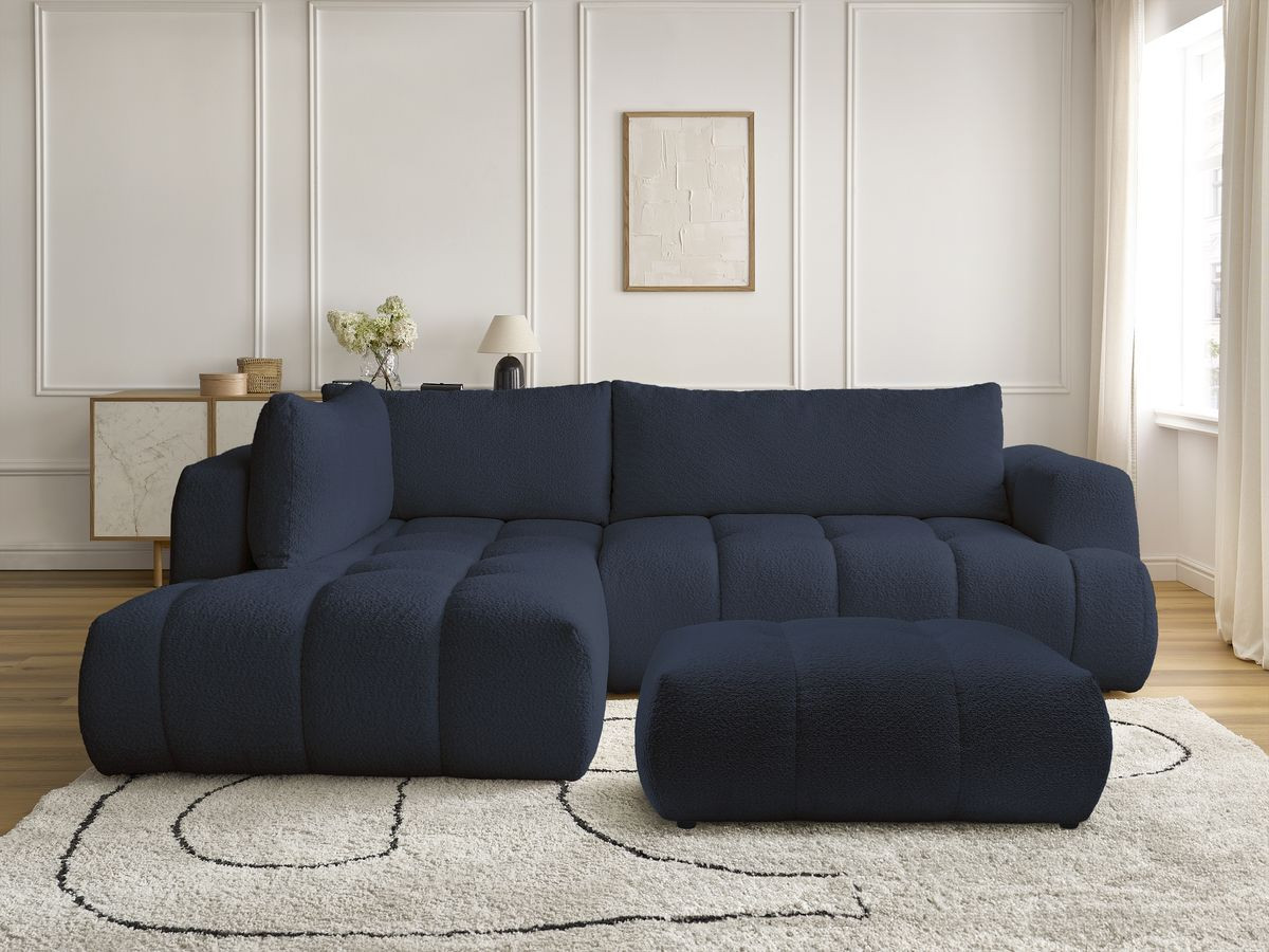 Canapé d'angle L convertible FUJI tissu bouclette avec pouf
