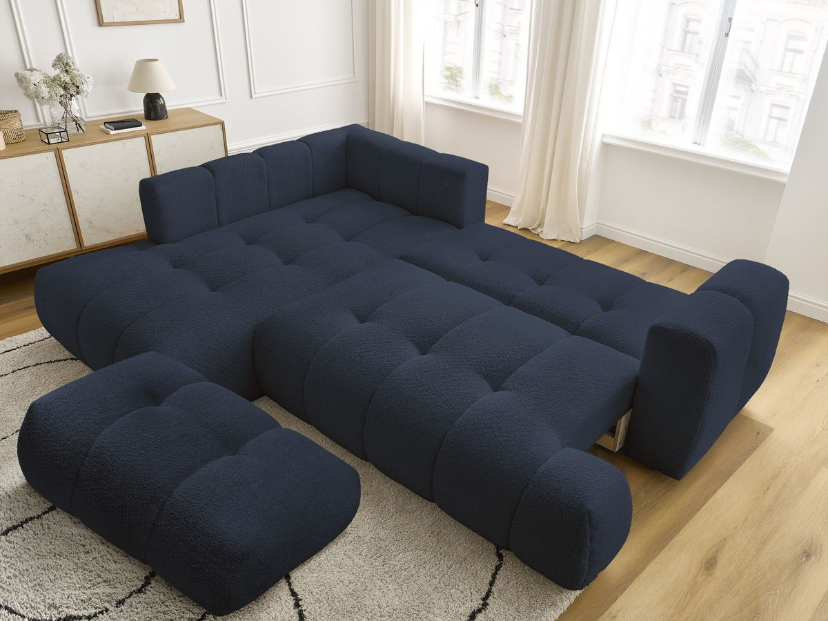 Canapé d'angle L convertible FUJI tissu bouclette avec pouf