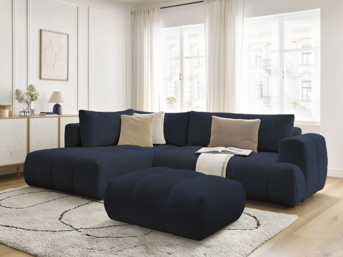 Canapé d'angle L convertible FUJI tissu bouclette avec pouf