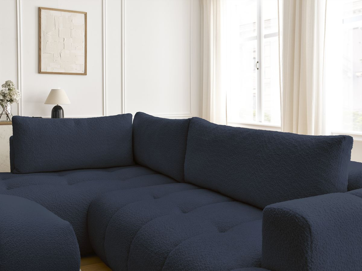 Canapé d'angle L convertible FUJI tissu bouclette avec pouf