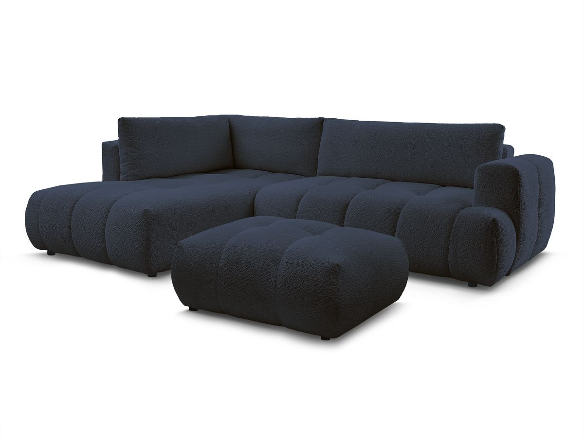 canapé d'angle l convertible fuji tissu bouclette avec pouf de couleur bleu foncé