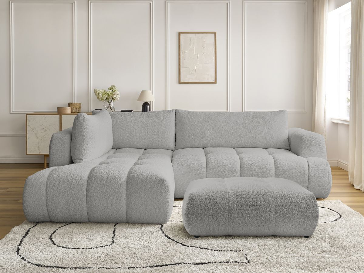 Canapé d'angle L convertible FUJI tissu bouclette avec pouf