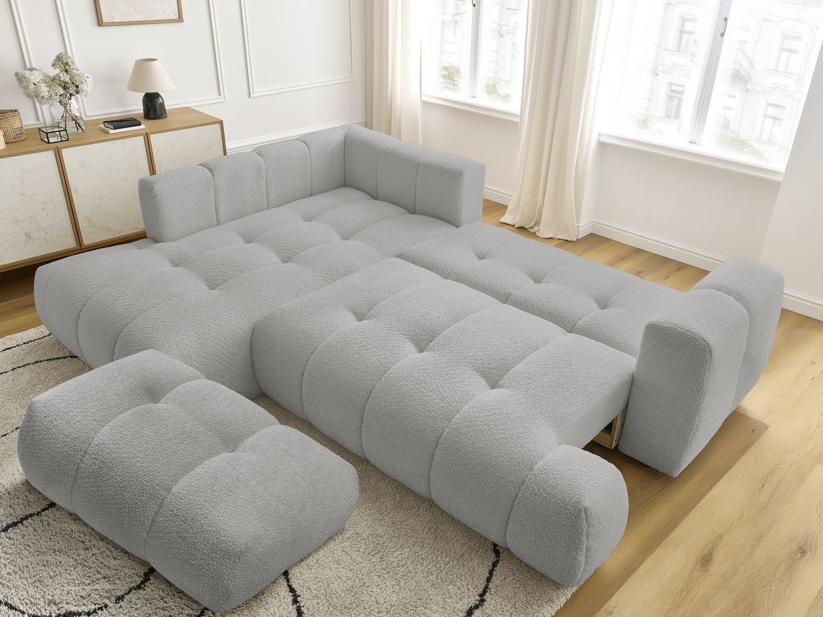 Canapé d'angle L convertible FUJI tissu bouclette avec pouf