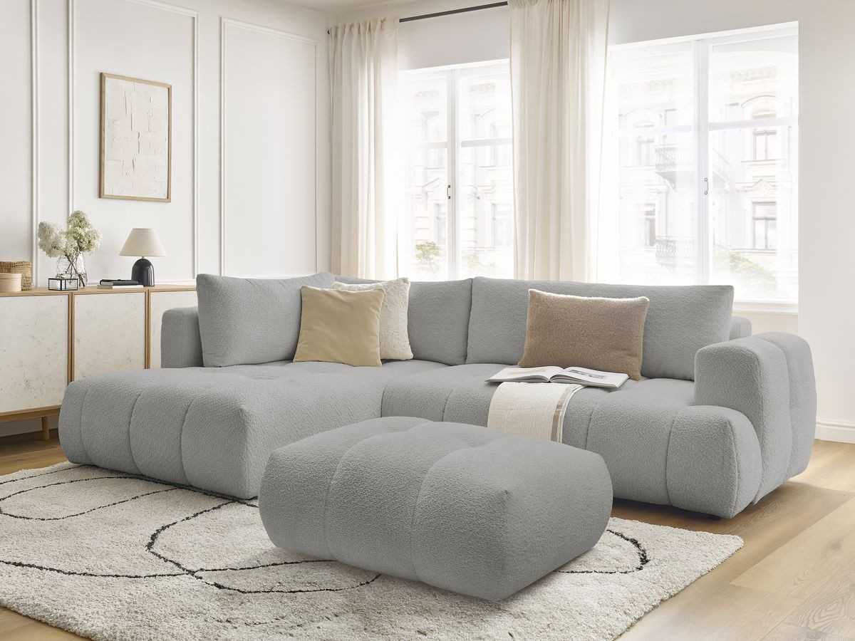 Canapé d'angle L convertible FUJI tissu bouclette avec pouf