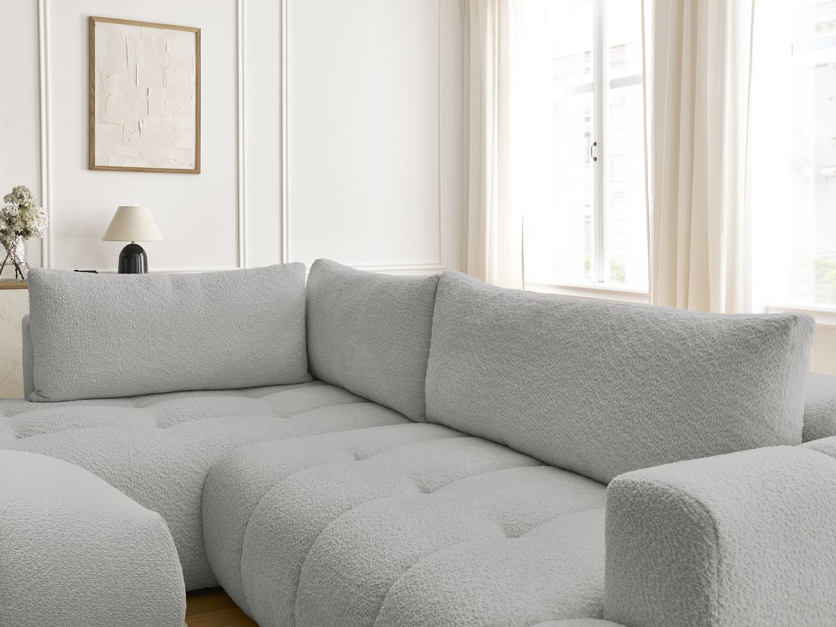 Canapé d'angle L convertible FUJI tissu bouclette avec pouf