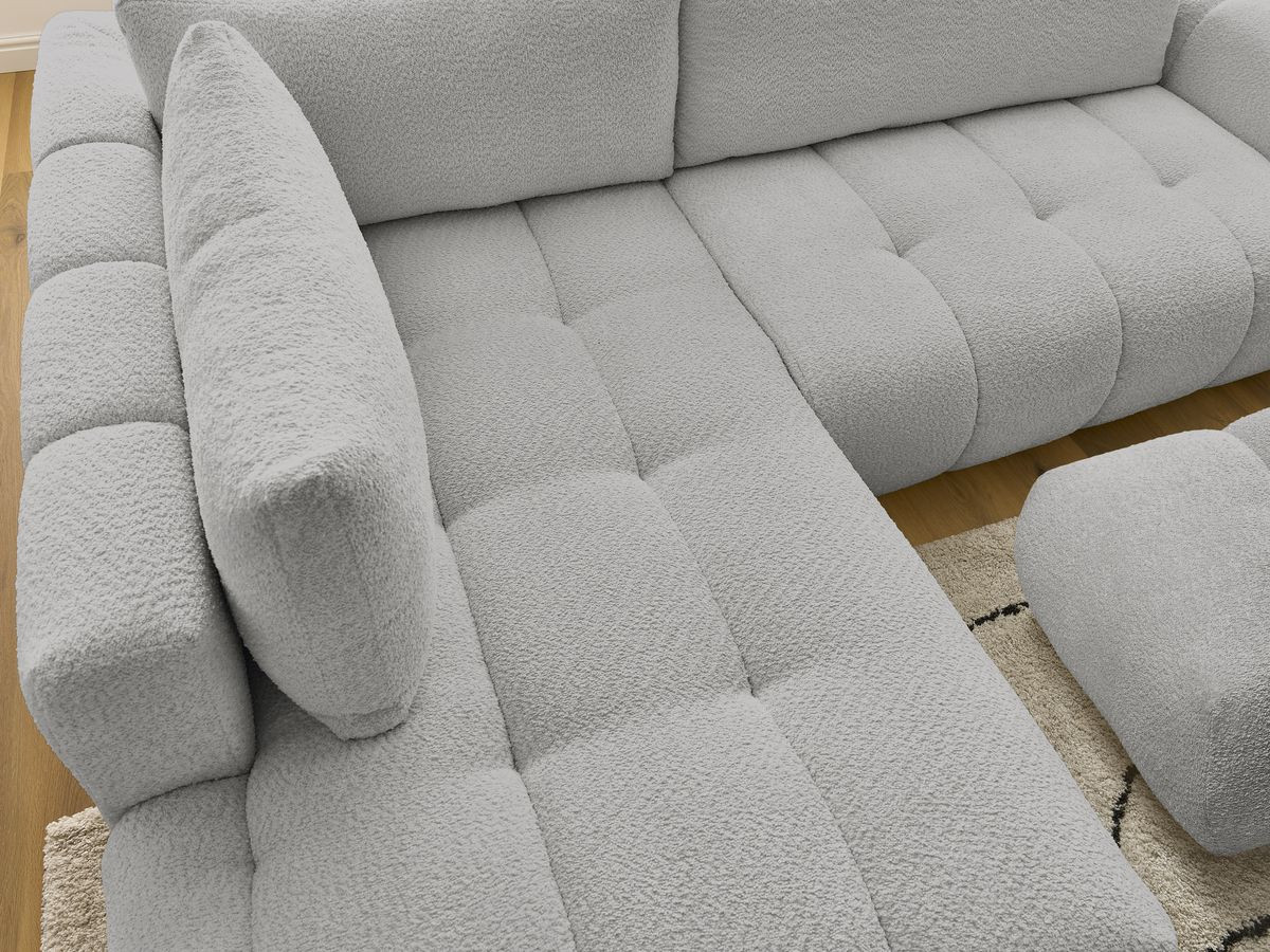Canapé d'angle L convertible FUJI tissu bouclette avec pouf