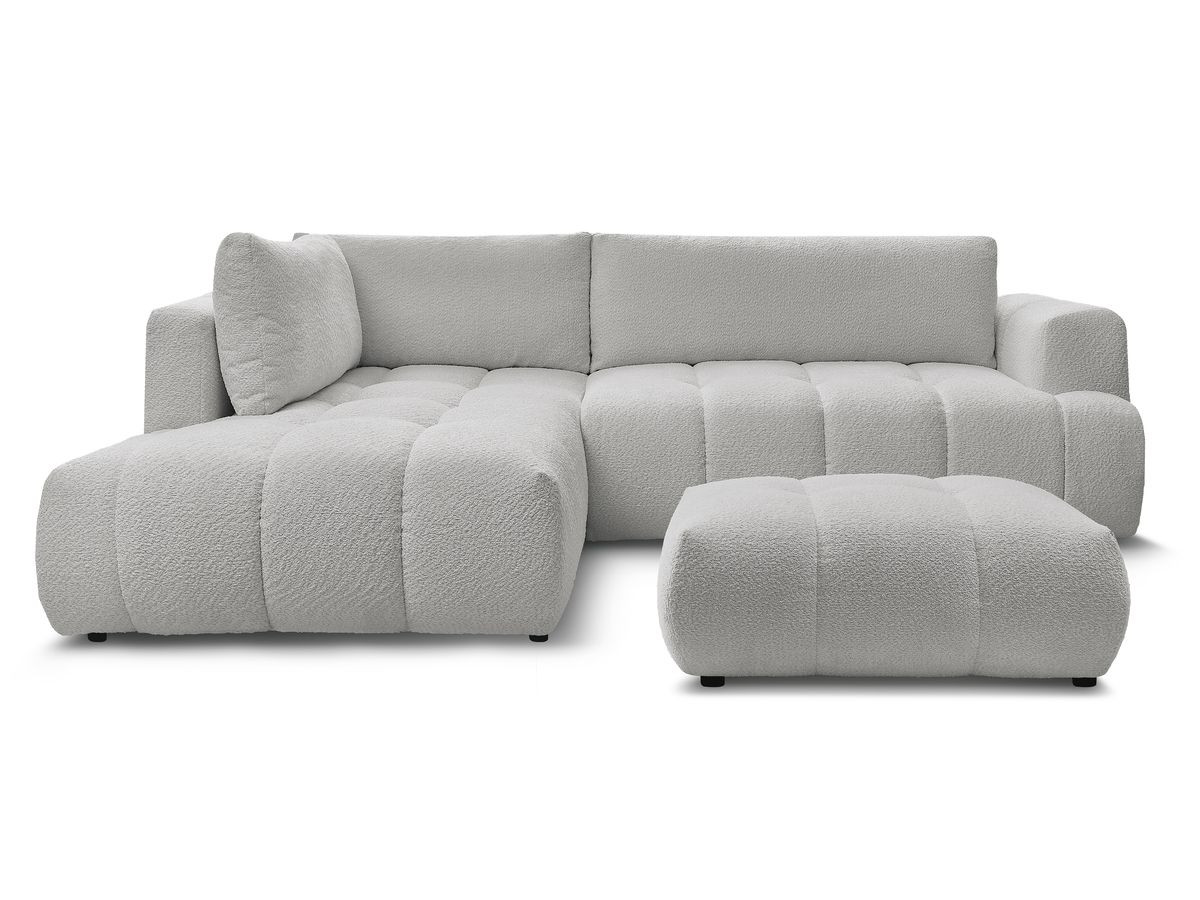 Canapé d'angle L convertible FUJI tissu bouclette avec pouf