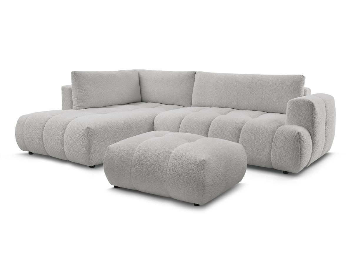 canapé d'angle l convertible fuji tissu bouclette avec pouf de couleur gris clair